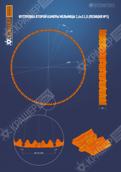 Футеровка мельницы 2,6х11,0 (Исполнение №2)